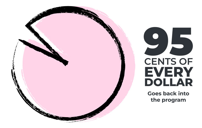 An illustrated pie chart showing 95%, and text that says "95 cents of every dollar goes back into the program"